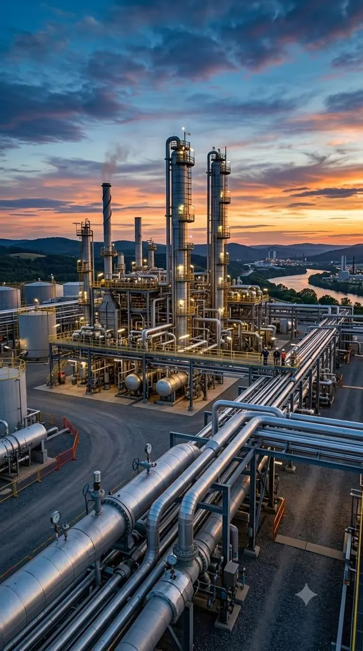Industrial process plant with piping at sunset